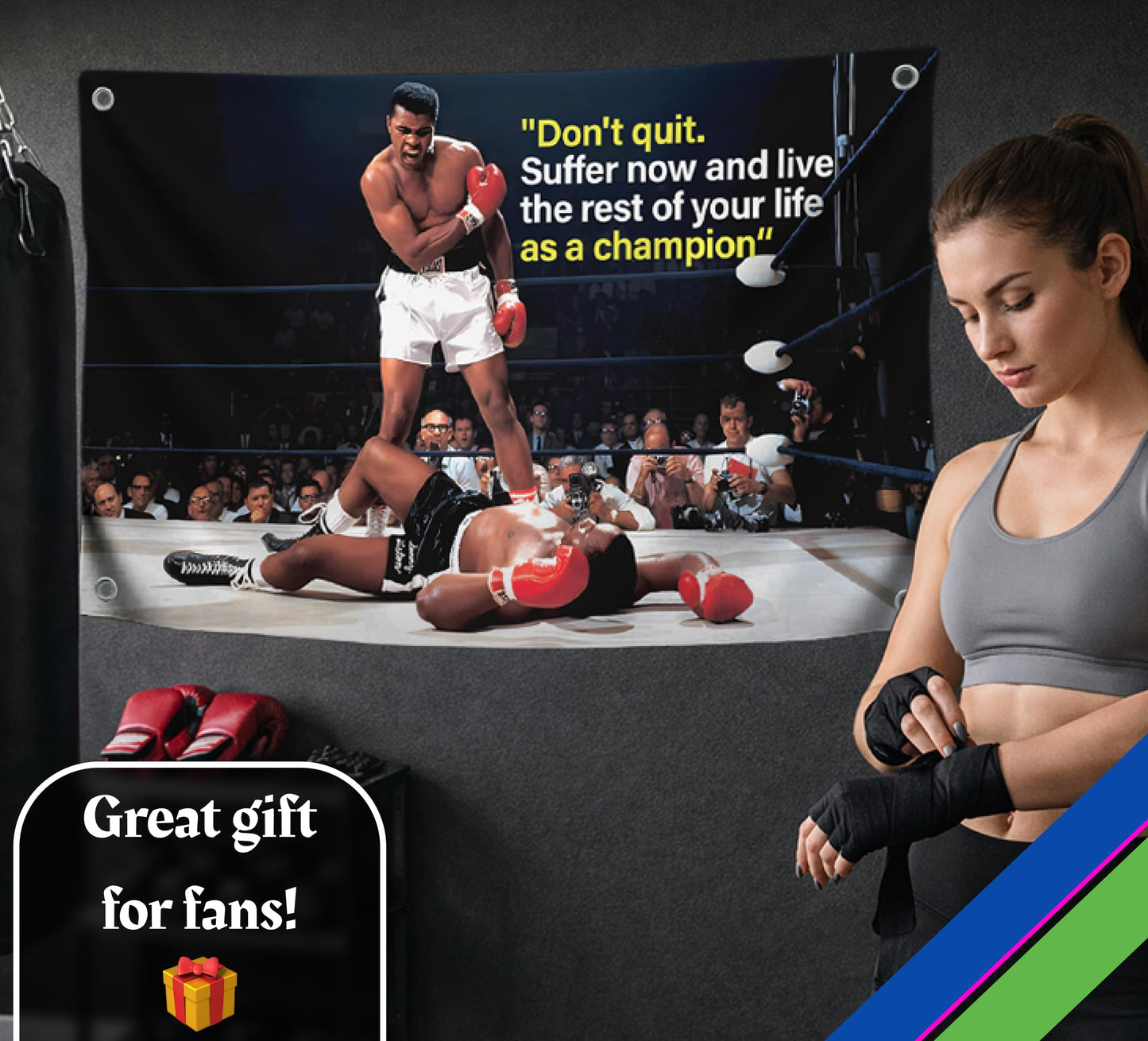3X Motiv Sports Quote Polyester Flags 3x5 Ft with 4 Grommets - Rocky Inspirational Wall Single Sided Flag - Muhammad Motivation Quote Flags