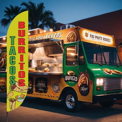 12x2.5 Feet Tall Feather Flags "Tacos and Burritos" - Outdoor Business Advertising Tall Flag - Single Sided Feathers Banners Food Themed