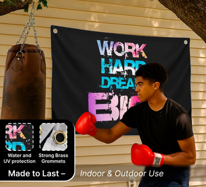 3x5 Feet Black Motivation Quoted Polyester Flag "Work Hard Dream Big" with Four Brass Grommets - Large Motivational Quote Wall Flag for Home Gym Decor