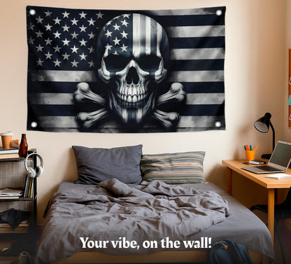 3x5 Feet Skull And Crossbones Polyester Flag with 4 Brass Grommets - American Pirate Banner For Man Cave - Black and White Grey American Single Sided