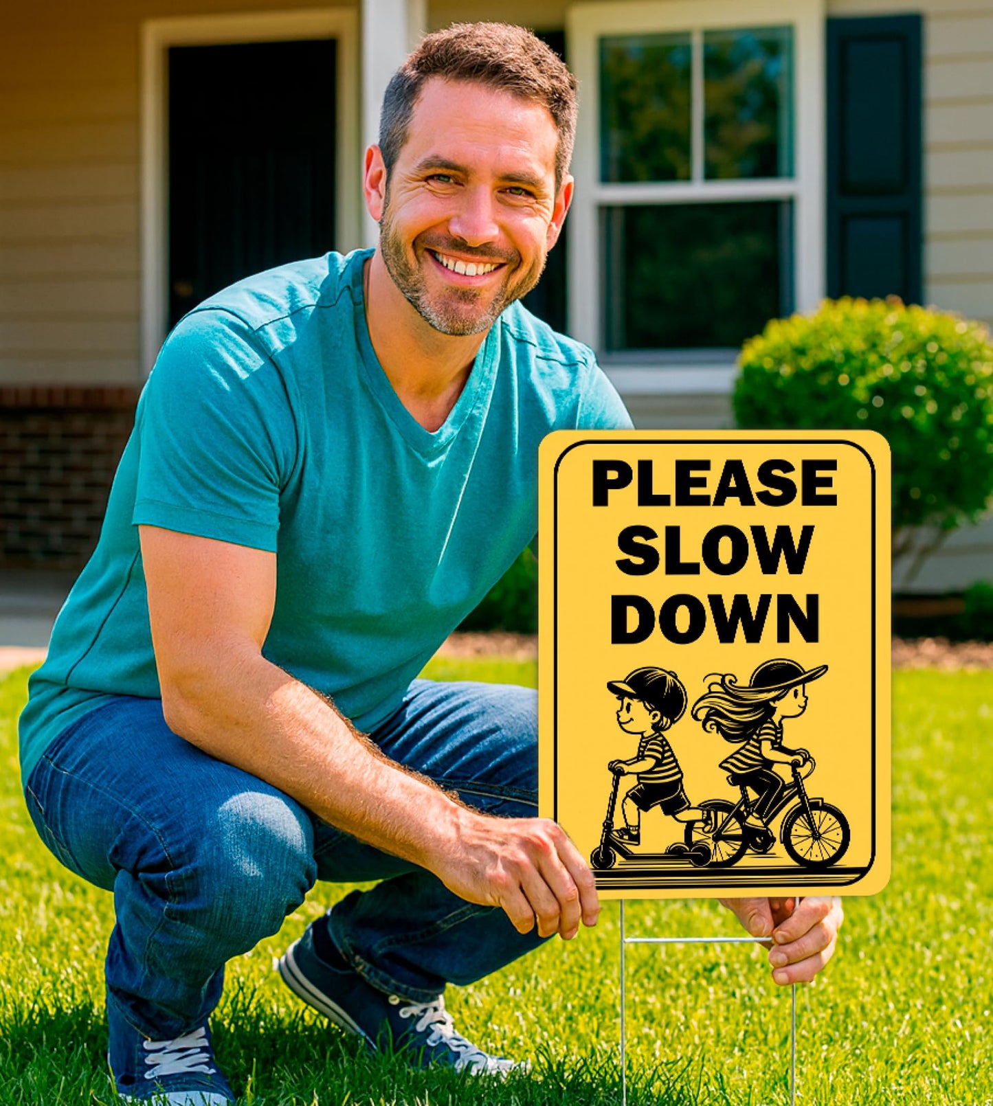 Set of 3 Double Sided 12x16 Inches "Please Slow Down" Sign with Metal H-Stakes - Сhildren at Play Safety Signage for Street