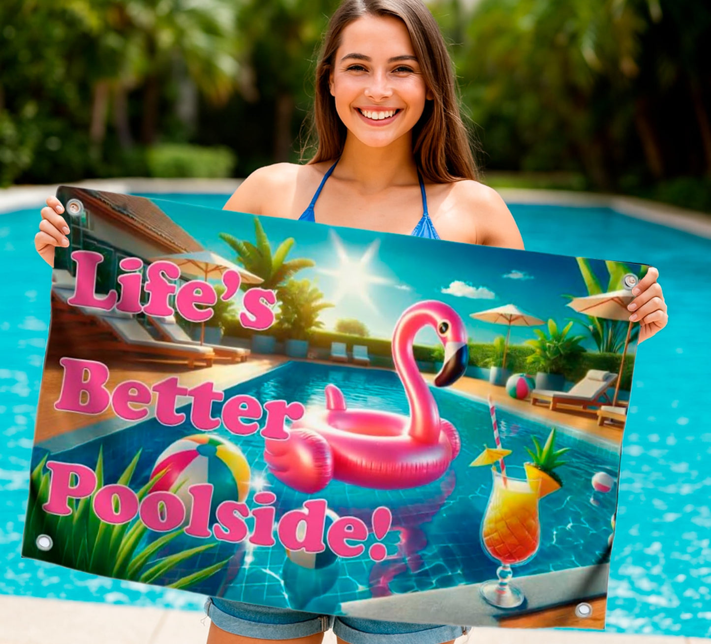 3x5 Life’s Better Poolside Flag with 4 Grommets - Tropical Pool Banner for Summer Vibes - Fun Poolside Decoration for Backyard or Beach House