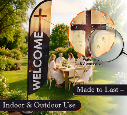 12x2.5 Feet Tall Feather Flags "Welcome" - Single Sided Feathers Banners Church Themed - Tall Advertising Flag for Outdoor Garde
