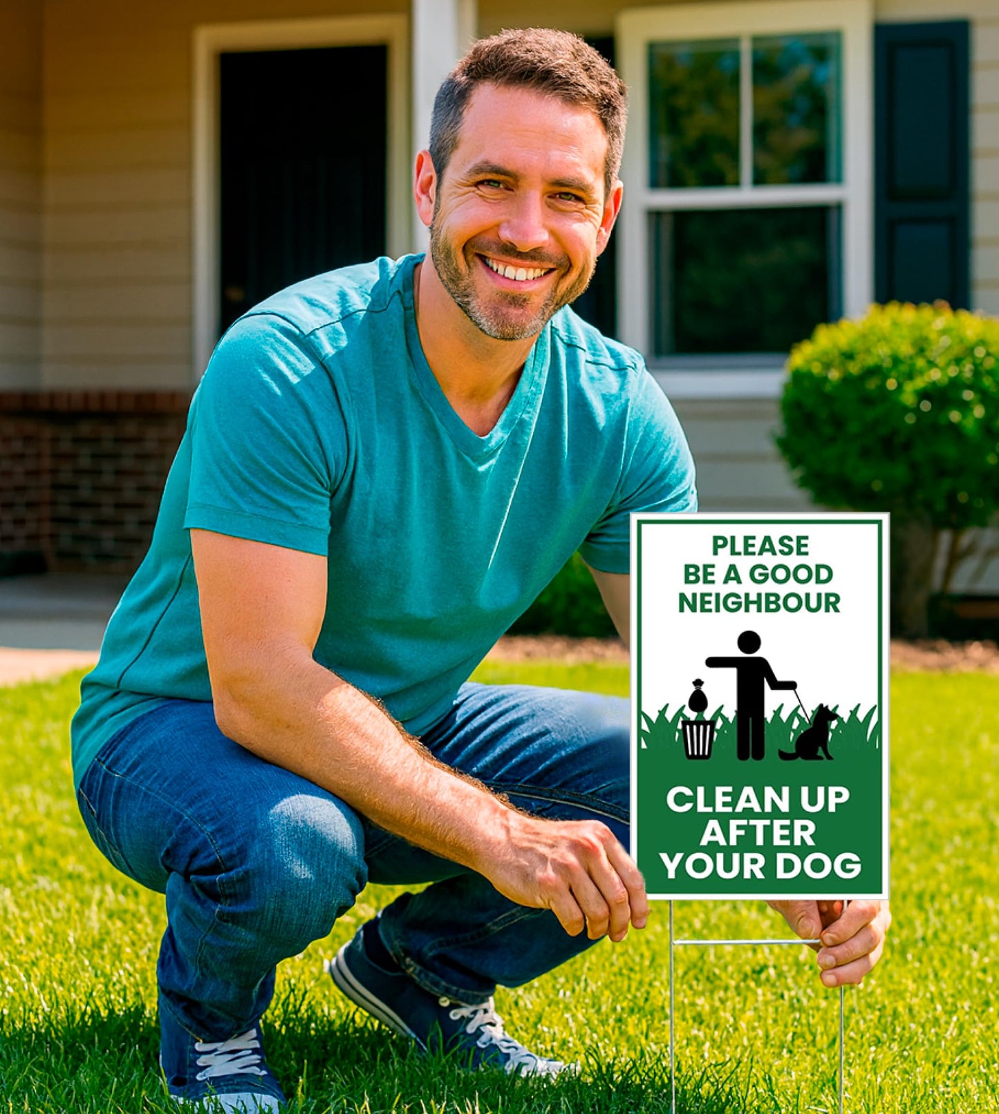 3X Single Sided 12х8 inch Clean Up After Your Dog Plastic Sign with Metal H-Stakes - Be a Good Neighbor Sign - Pick Up Your Dog Poop Signs