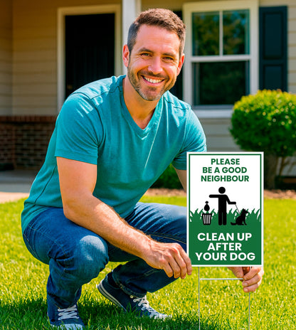 3X Single Sided 12х8 inch Clean Up After Your Dog Plastic Sign with Metal H-Stakes - Be a Good Neighbor Sign - Pick Up Your Dog Poop Signs