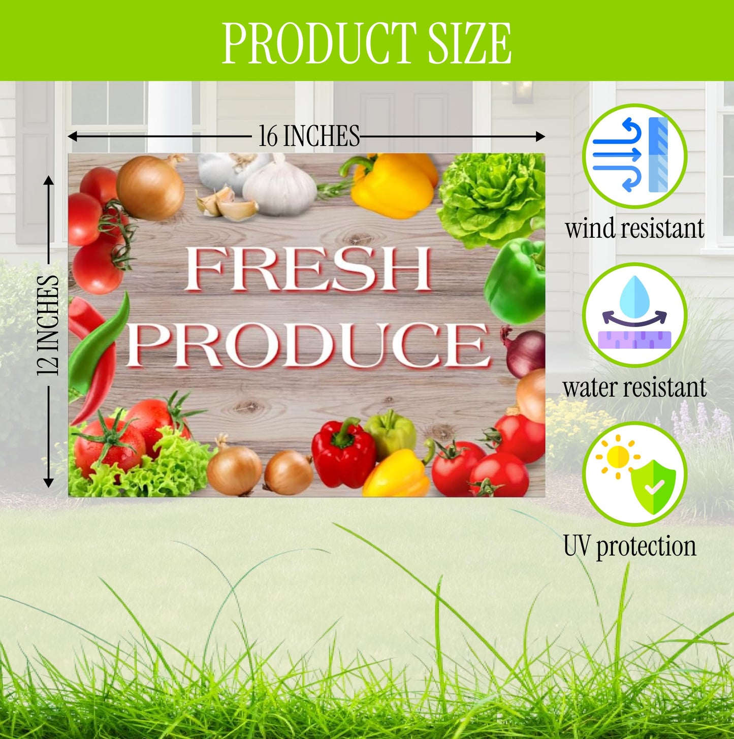 Set of 3 Double Sided 12x16 Inches Fresh Produce Sign with Metal H-Stakes - Vegetable Sign Outdoor or Indoor Yard Signs