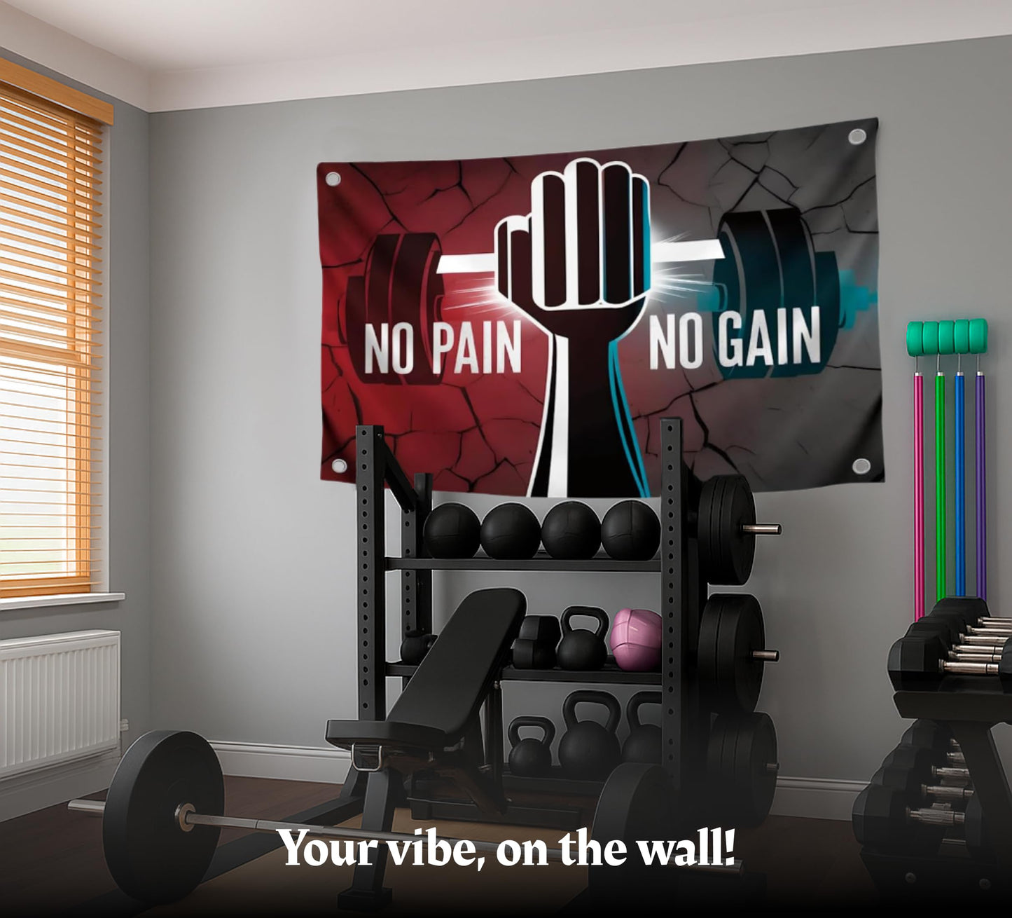 3x5 Ft Motivation Gym Single Sided Flag with Quote "No Pain No Gain" with 4 Brass Grommets - Inspire Your Workout Polyester Banner