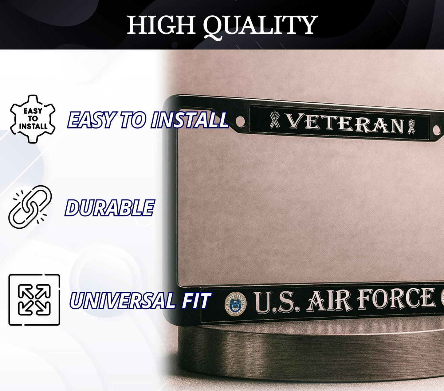 Car License Plate Frame US Air Force Veteran - Standart Cars USA Stainless Steel Frame for Front and Rear