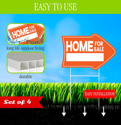 Pack of 4 Home for Sale Sign with Stakes - 12x8 inch Double Sided Home for Sale by Owner Yard Sign