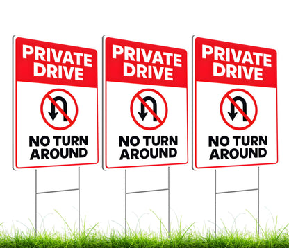 3X Private Drive No Turn Around Sign with Metal Stakes - 12x8 Inches Do Not Enter No Trespassing Double sided Signs