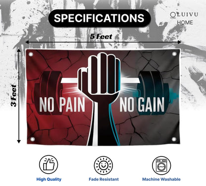 3x5 Ft Motivation Gym Single Sided Flag with Quote "No Pain No Gain" with 4 Brass Grommets - Inspire Your Workout Polyester Banner