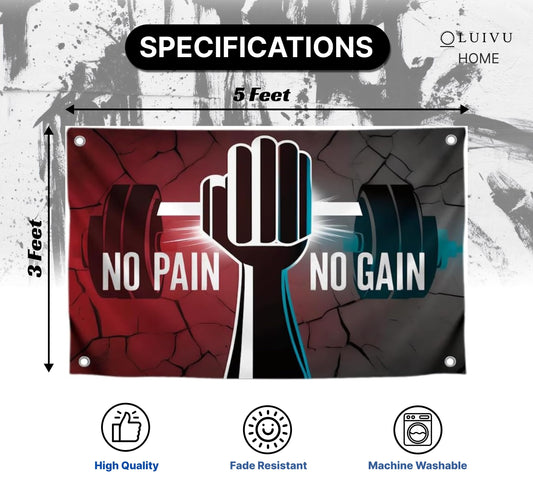 3x5 Ft Motivation Gym Single Sided Flag with Quote "No Pain No Gain" with 4 Brass Grommets - Inspire Your Workout Polyester Banner