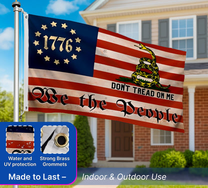 3x5 Feet Liberty Don't Tread on Me American Flag with Two Brass Grommets - Polyester 1776 We The People Single Sided Flags for Garden Outside