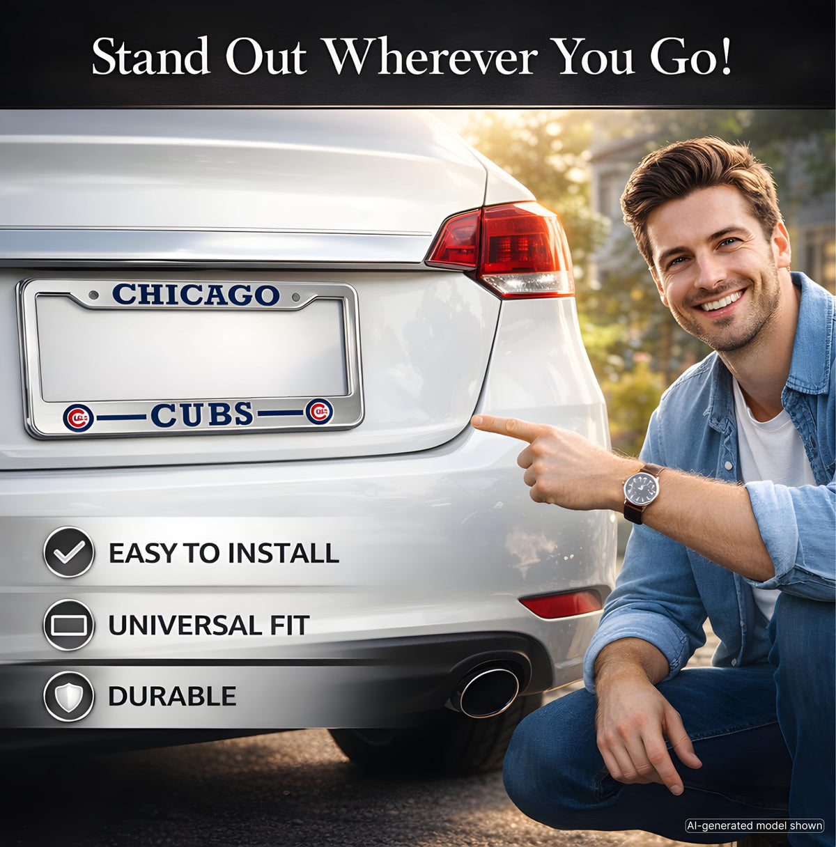 6x12.25 in Chicago Cubs License Plate Frame – Stainless Steel