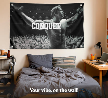 Conquer Single Sided Flag for Schwarzenegger 3x5 Ft Polyester Banner with Four Grommets - Funny Gym Motive Poster and Fitness - Arnold Durable Man