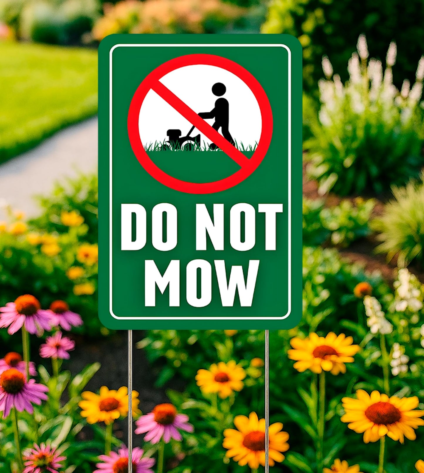 Set of 3 Double Sided 12x8 Inches Do Not Mow Sign with Metal Stakes.Plastics Garden Mow Signs for Outdoor and Indoor.No Mowing Beyond This Point Sign