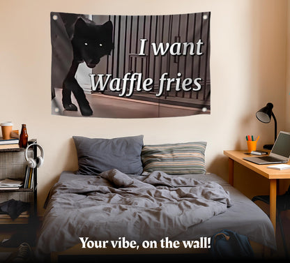 3x5 Feet Wolf Meme Flag with Quote "I Want Waffle Fries" with Four Brass Grommets - Single Sided Polyester Black Wolf Banner for Wall Room Decoration