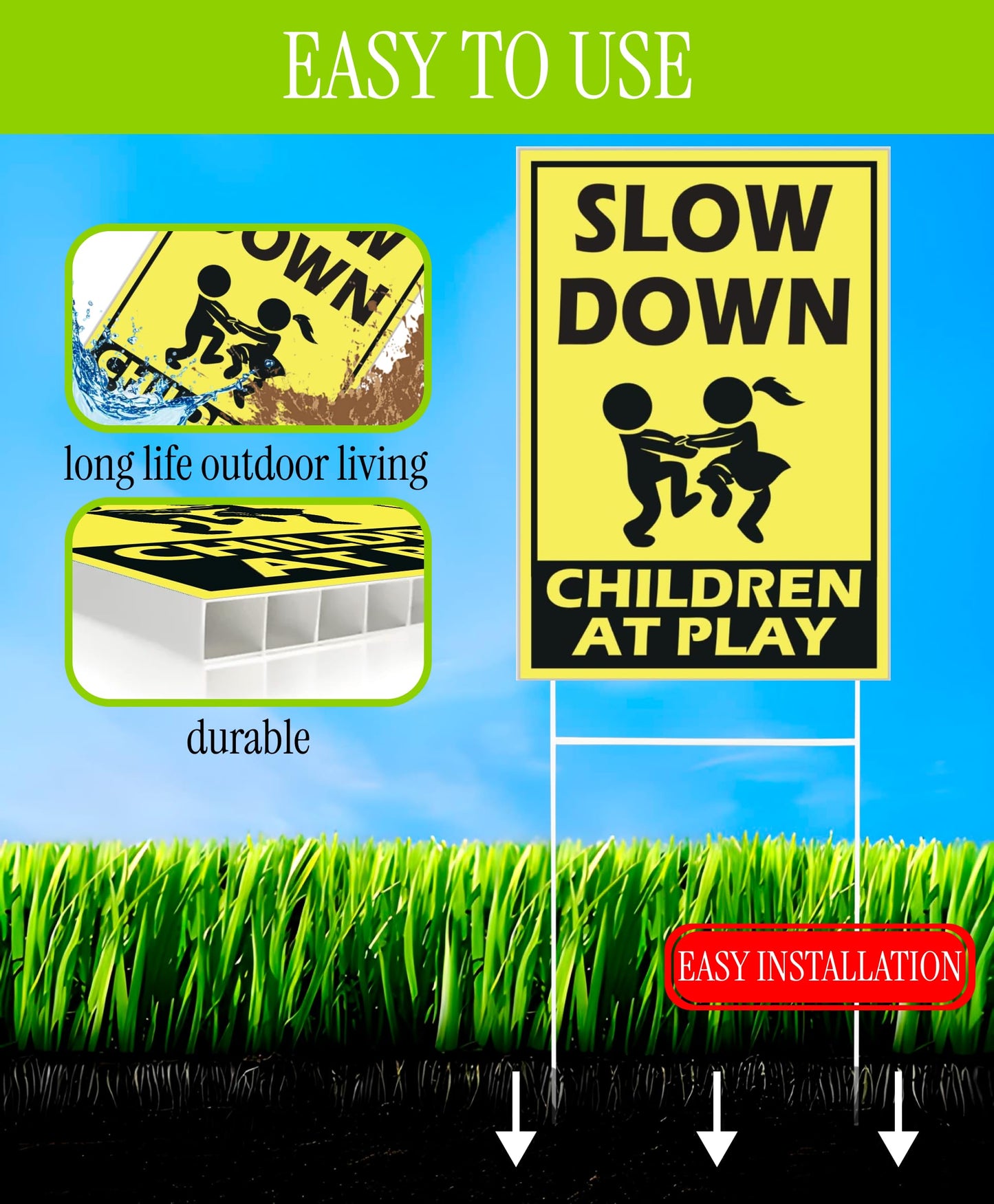 Set of 3 Street Safety Signs with Stakes 12x8 Inch - Attention Kids Playing Road Plastic Sign Double Sided