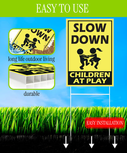 Set of 3 Street Safety Signs with Stakes 12x8 Inch - Attention Kids Playing Road Plastic Sign Double Sided