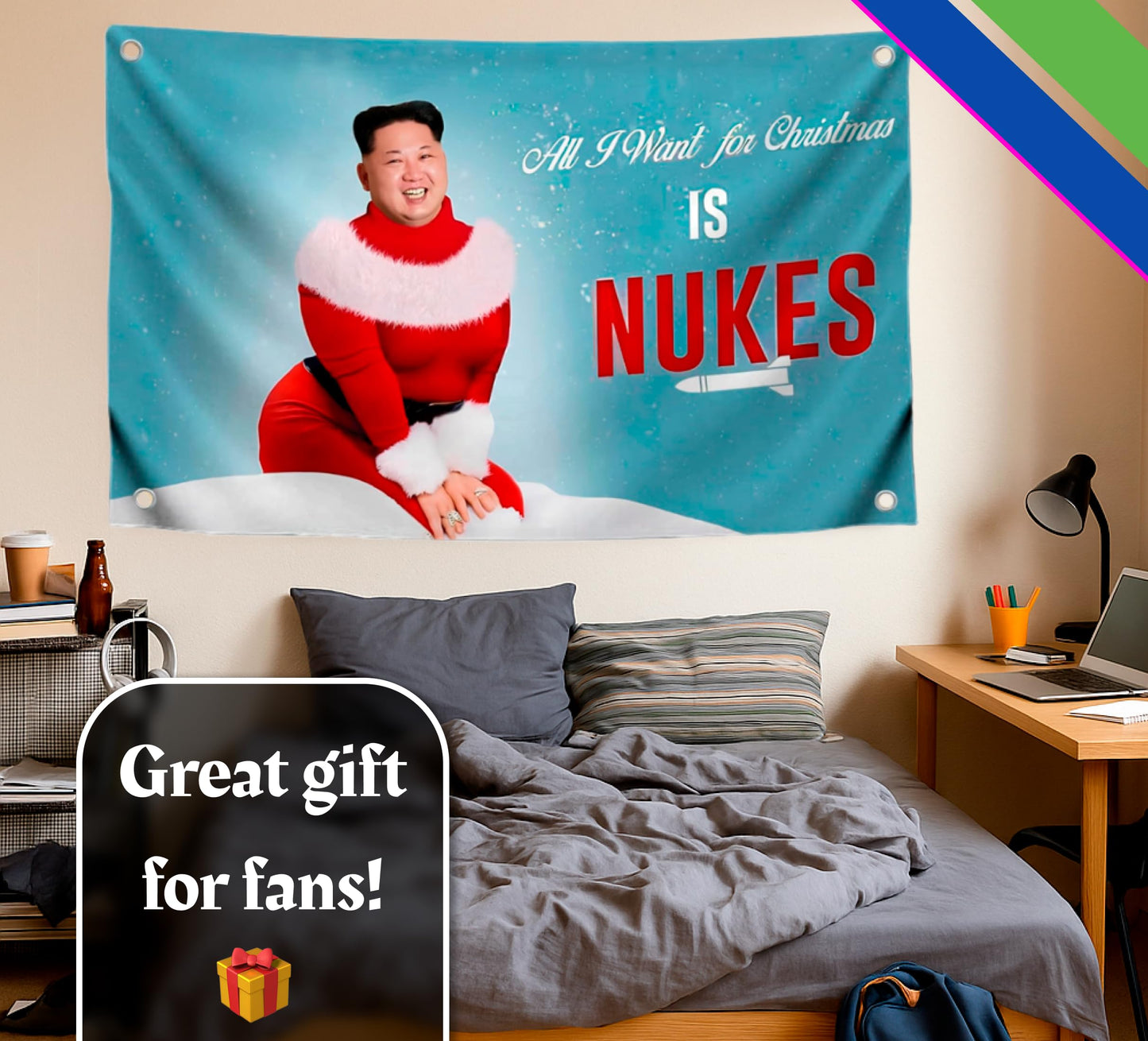 3x5 Ft Kim Meme Polyester Flag with Four Brass Grommets - Single Sided Banner All I Want for Christmas is Nukes - Funny Flag for College Party