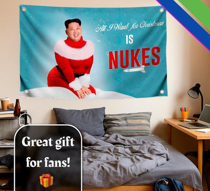 3x5 Ft Kim Meme Polyester Flag with Four Brass Grommets - Single Sided Banner All I Want for Christmas is Nukes - Funny Flag for College Party