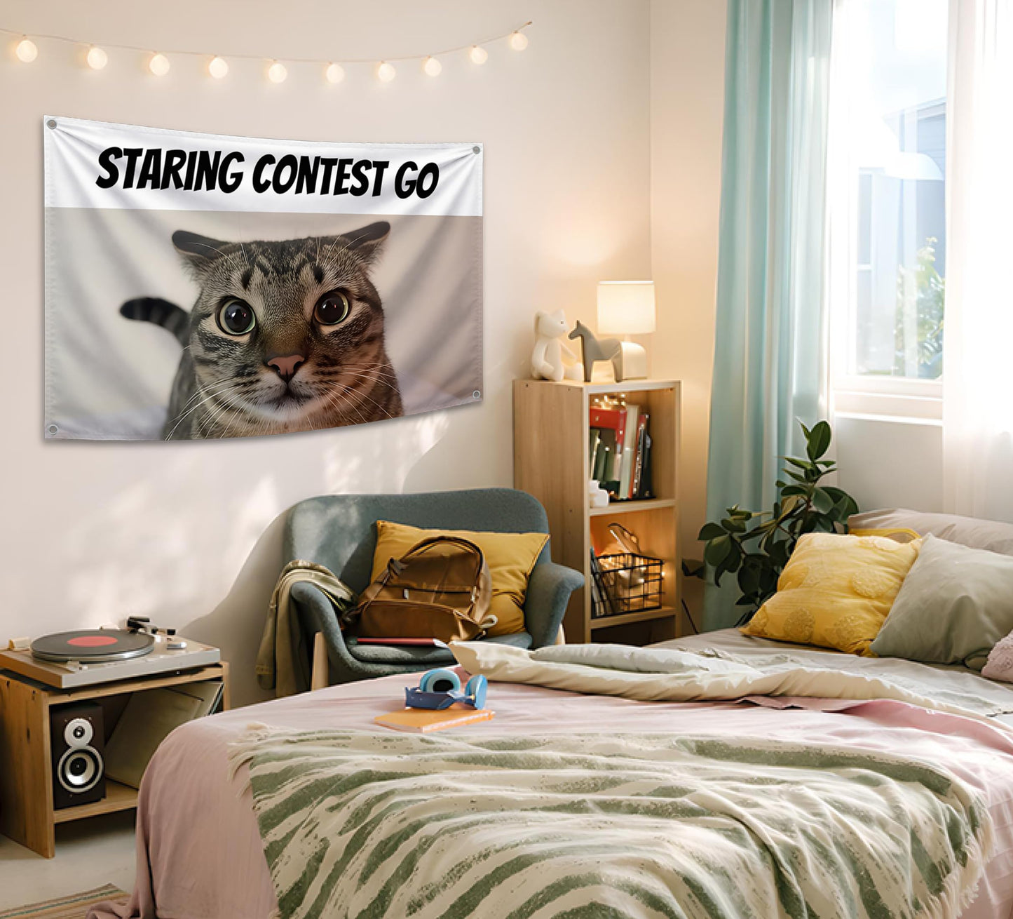 3x5 Feet Cats Meme Flag with Quote "Staring Contest Go" with Four Brass Grommets - Single Sided Funny Banner for Wall Bedroom Decoration