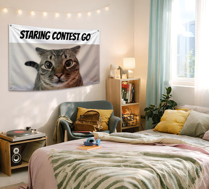 3x5 Feet Cats Meme Flag with Quote "Staring Contest Go" with Four Brass Grommets - Single Sided Funny Banner for Wall Bedroom Decoration