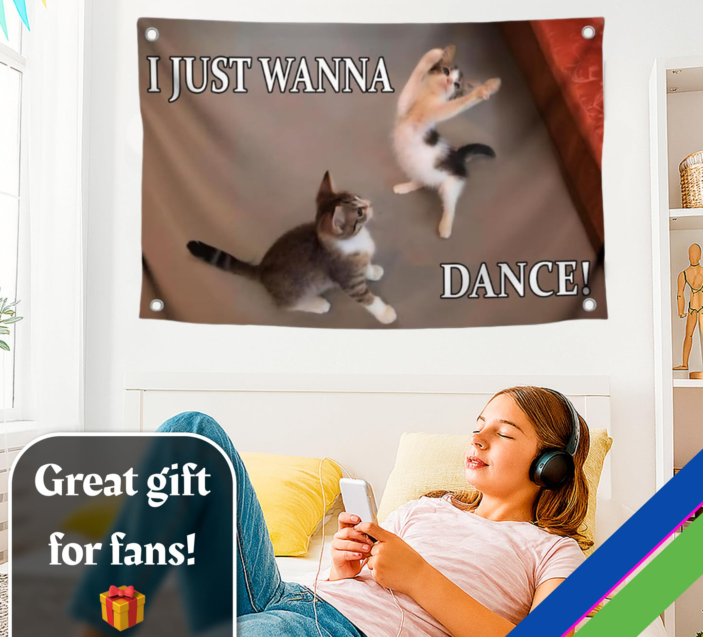 3x5 Feet Cat Meme Single Sided Flag with Quote "I Just Wanna Dance" with 4 Brass Grommets - Flag with Cats for Living Room - Funny Animals Banner