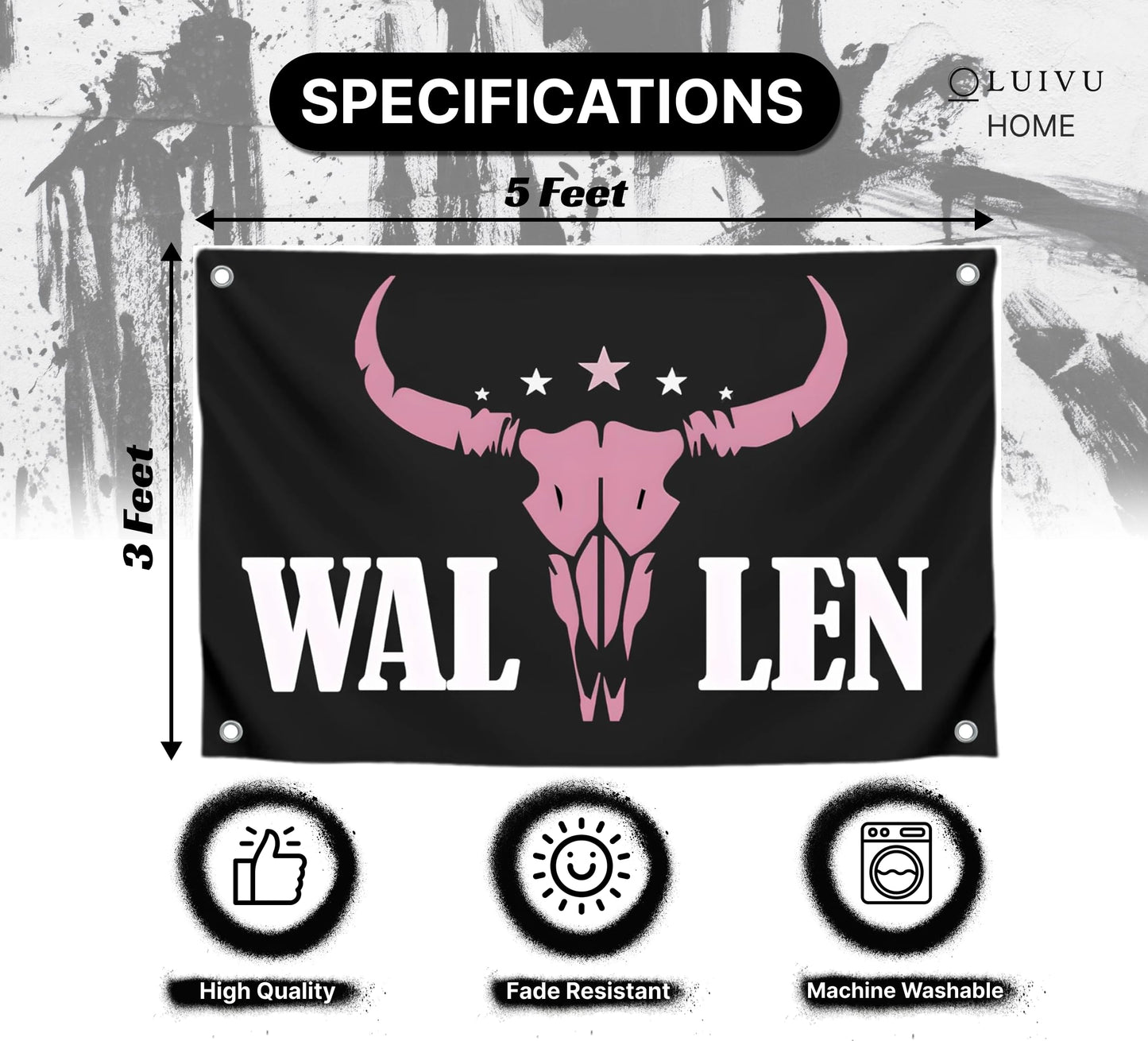 3x5 Ft American Music Polyester Flag with 4 Grommets - Western Pink Bull Skull Single Sided Banners - Man Cave Wall Flag for College Dorm Room
