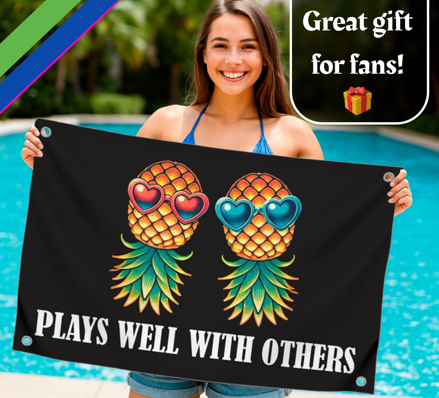 3x5 Feet Meme Pineapple Quote Flag "Plays Well With Others" with Four Brass Grommets - Polyester College Dorm Banners for Wall Bedroom