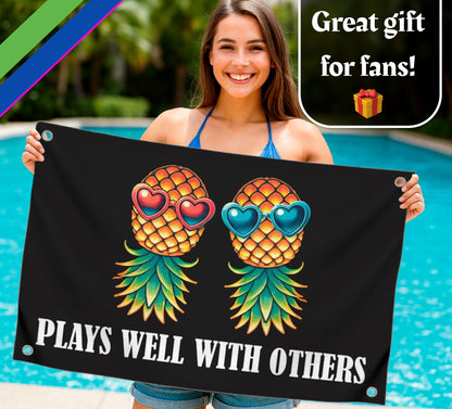 3x5 Feet Meme Pineapple Quote Flag "Plays Well With Others" with Four Brass Grommets - Polyester College Dorm Banners for Wall Bedroom