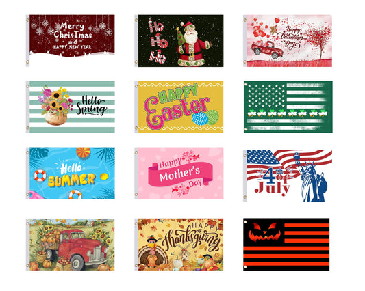 Set 12X Seasonal Flags 3x5 Feet. Spring Summer Fall Winter Halloween Christmas Polyester/Nylon Flag with 2 Grommets.Single Sided Flags for All Seasons