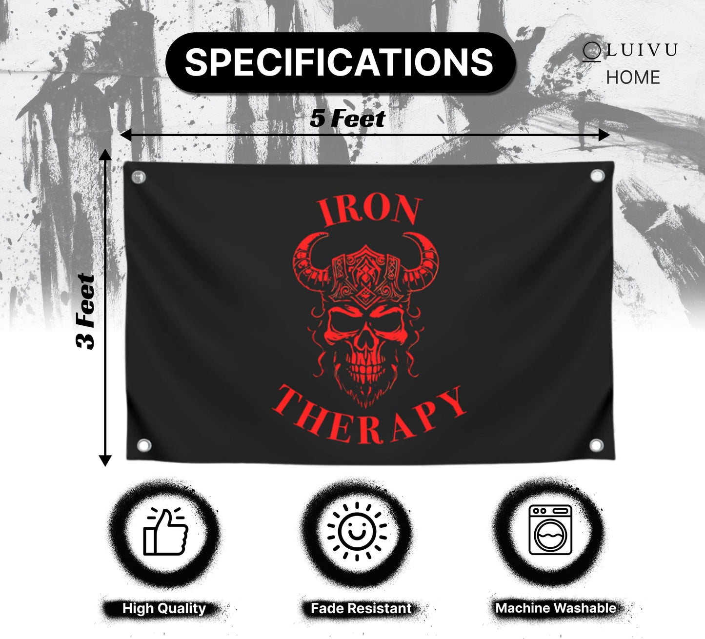3x5 Feet Large Wall Flag With Quote "Iron Therapy" with Four Brass Grommets - Skull Gym Tapestry or Home Gym Decor - Inspirational Home Leadership