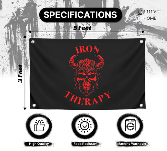 3x5 Feet Large Wall Flag With Quote "Iron Therapy" with Four Brass Grommets - Skull Gym Tapestry or Home Gym Decor - Inspirational Home Leadership