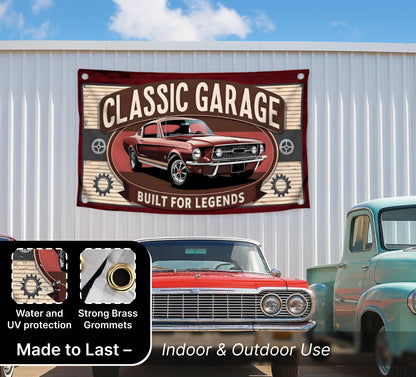 3x5 Feet Funny Flag with Cool Car and Quote "Classic Garage Built for Legends” with Four Brass Grommets - Polyester Decorative Wall Flags for Guest