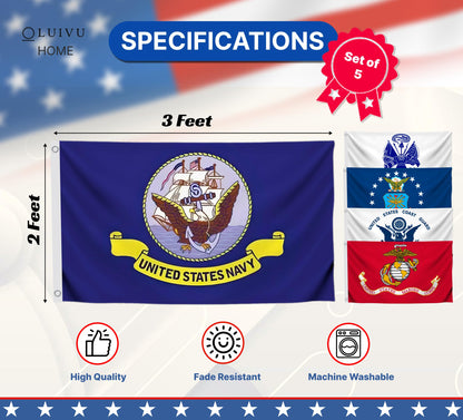 5X Branches Military Set 2x3 Feet - Army Polyester Flags with 2 Grommets Set Space Force - Outdoor Yard American Flag Polyester United States Single