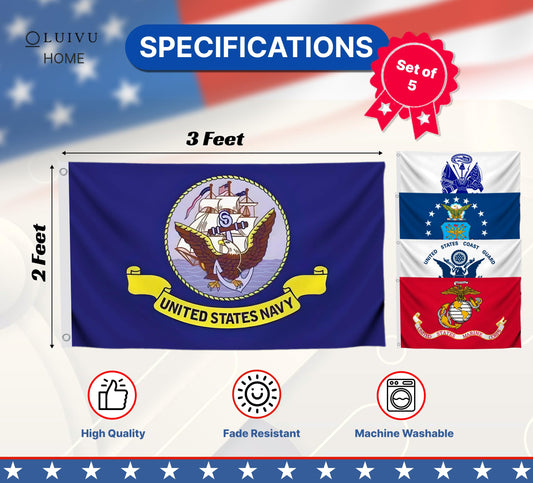 5X Branches Military Set 2x3 Feet - Army Polyester Flags with 2 Grommets Set Space Force - Outdoor Yard American Flag Polyester United States Single