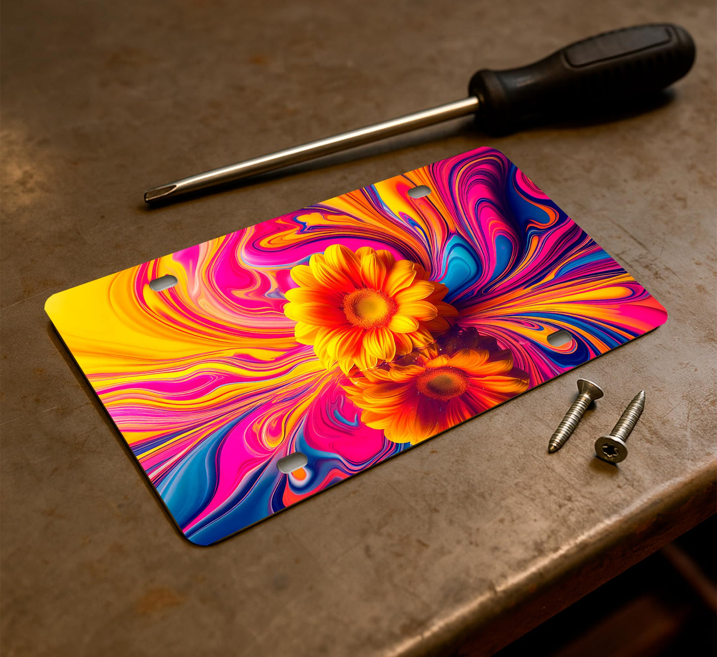 6x12.25 Inch Front Bright Sunflower in Water License for US Standard Plate Frame - Car Frames Abstract Reflection Wave Floral with 4 Holes and Screws