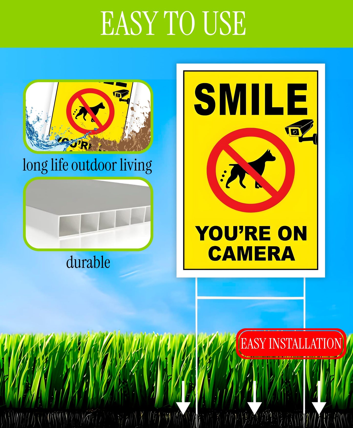 3-Pack 12x8 Inch Smile Your on Camera Signs with Stakes – Outdoor Lawn Protection No Trespassing, Video Surveillance Home Security Yard Plastic Signs