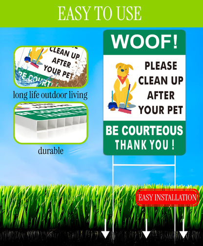 3X Double Sided 12x8 Please Clean Up After Your Pet Sign - Lawn Fun Pet Plastic Signs - Signs to Curb Your Dog with Metal H-Shaped Stakes