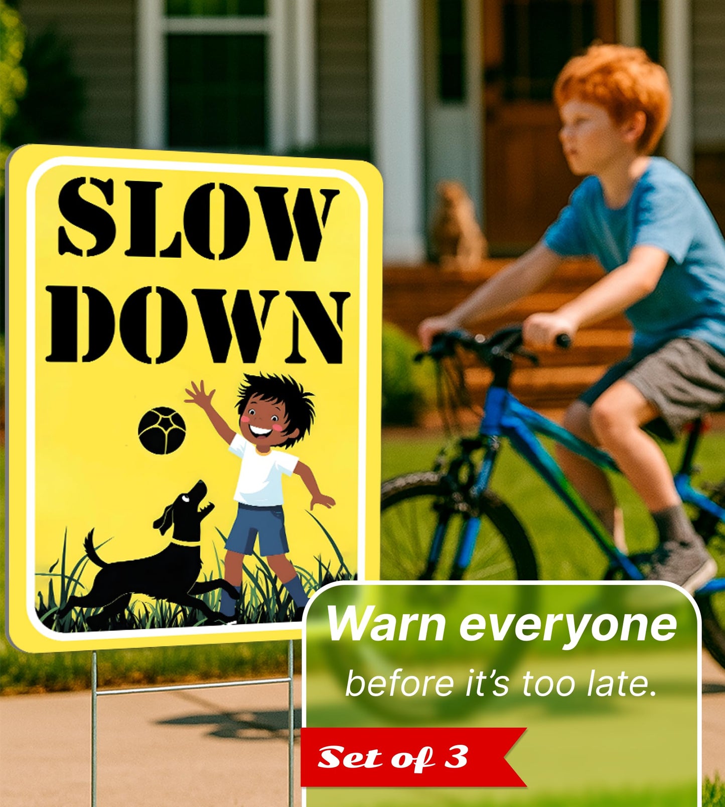 Set of 3 Double Sided 12x16 Inches "SLOW DOWN" Sign with Metal H-Stakes - Children at Play Safety Signs for Street