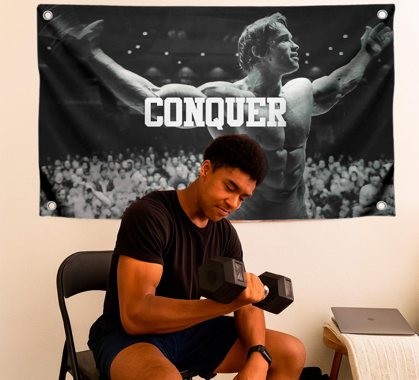 Conquer Single Sided Flag for Schwarzenegger 3x5 Ft Polyester Banner with Four Grommets - Funny Gym Motive Poster and Fitness - Arnold Durable Man