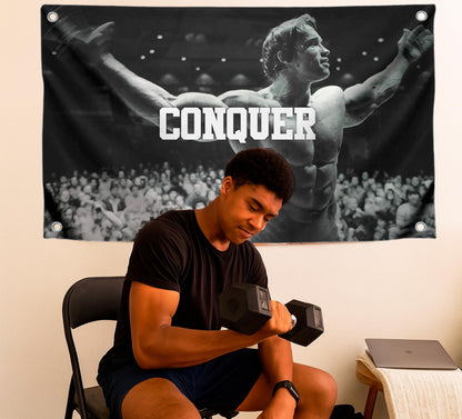 Conquer Single Sided Flag for Schwarzenegger 3x5 Ft Polyester Banner with Four Grommets - Funny Gym Motive Poster and Fitness - Arnold Durable Man