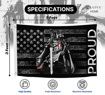 3x5 Ft American Flag With Templar Knights Polyester Flag with 2 Grommets - Proud Knight Decorations USA House or Home Wall Single Sided Flags