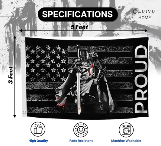 3x5 Ft American Flag With Templar Knights Polyester Flag with 2 Grommets - Proud Knight Decorations USA House or Home Wall Single Sided Flags