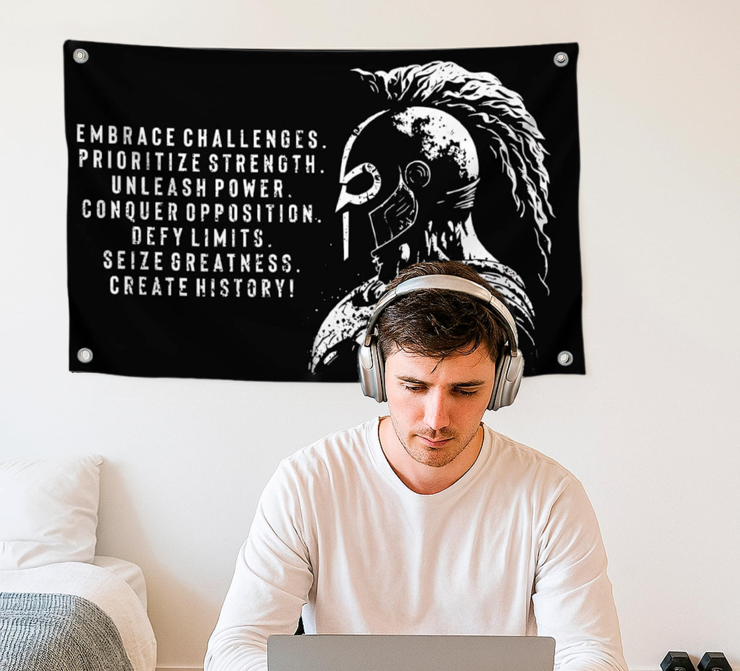 3x5 Ft Embrace Challenges Single Sided Banner with 4 Grommets - Large Motiv Quote Wall Polyester Flag for Home Gym Decor - Wall Flag with Gladiator