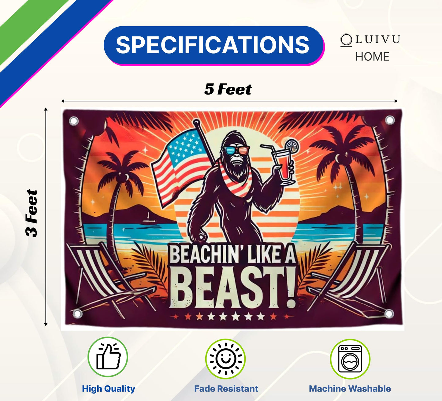 3x5 Feet American Summer Polyester Flag "Beachin Like A Beast!" with 4 Brass Grommets - USA Decoration Holliday Banner for Seasonal Outside or Outdoor