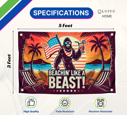 3x5 Feet American Summer Polyester Flag "Beachin Like A Beast!" with 4 Brass Grommets - USA Decoration Holliday Banner for Seasonal Outside or Outdoor