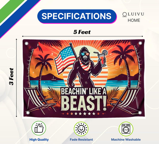 3x5 Feet American Summer Polyester Flag "Beachin Like A Beast!" with 4 Brass Grommets - USA Decoration Holliday Banner for Seasonal Outside or Outdoor