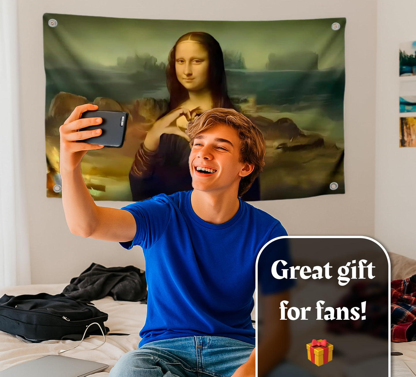3x5 Feet Funny Mona Lisa Polyester Flag with Four Brass Grommets - Meme Flags with Demonstration of the heart for Outdoor and Indoor